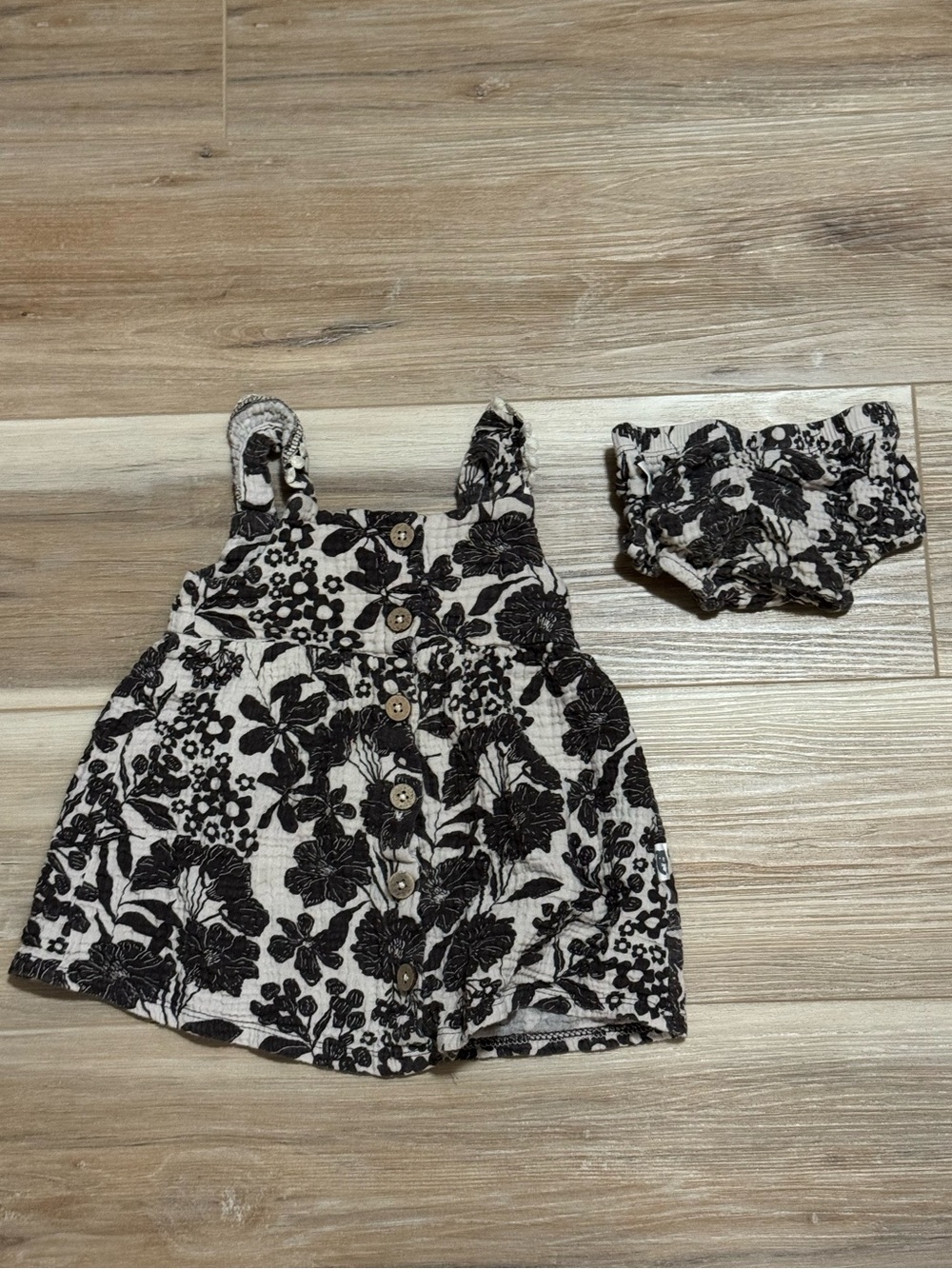 Rabbit + Bear Organic Cream Black Floral Muslin Dress Bloomers Set 12M